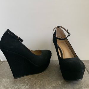 Black Suede Wedges with Removable Strap